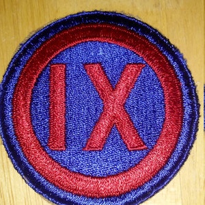 May include: A circular patch with a blue background and a red border. The Roman numeral "IX" is prominently displayed in red within the blue circle. The patch is likely an emblem or insignia.