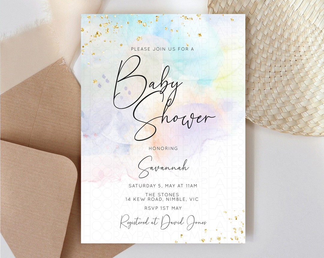 Pastel Baby Shower Invitation Rainbow Baby Shower Invitation Watercolor ...