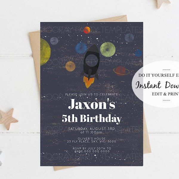 Space Birthday Invitation Editable Card Template Night Sky Stars Planets Rocket Ship Watercolor Moon Blast Off Galaxy Milkyway Solar System