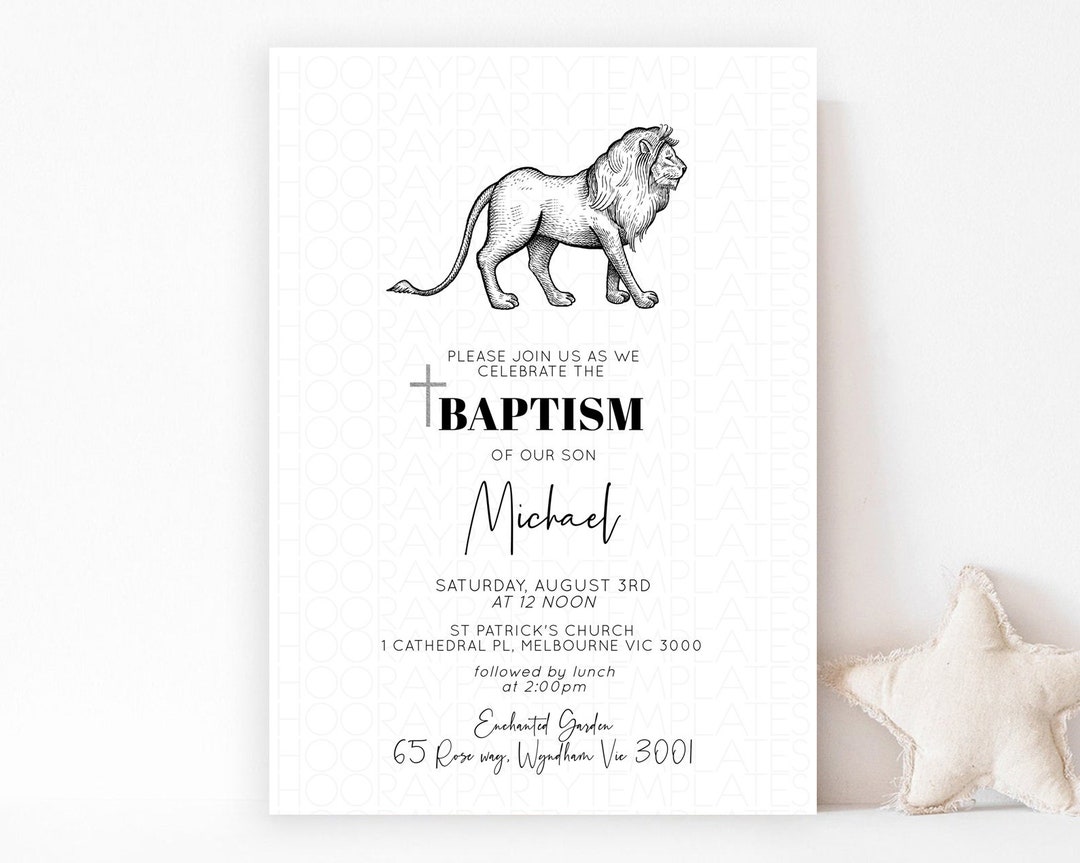 Lion Baptism Invitation Lion Christening Invitation 1st Birthday Lion