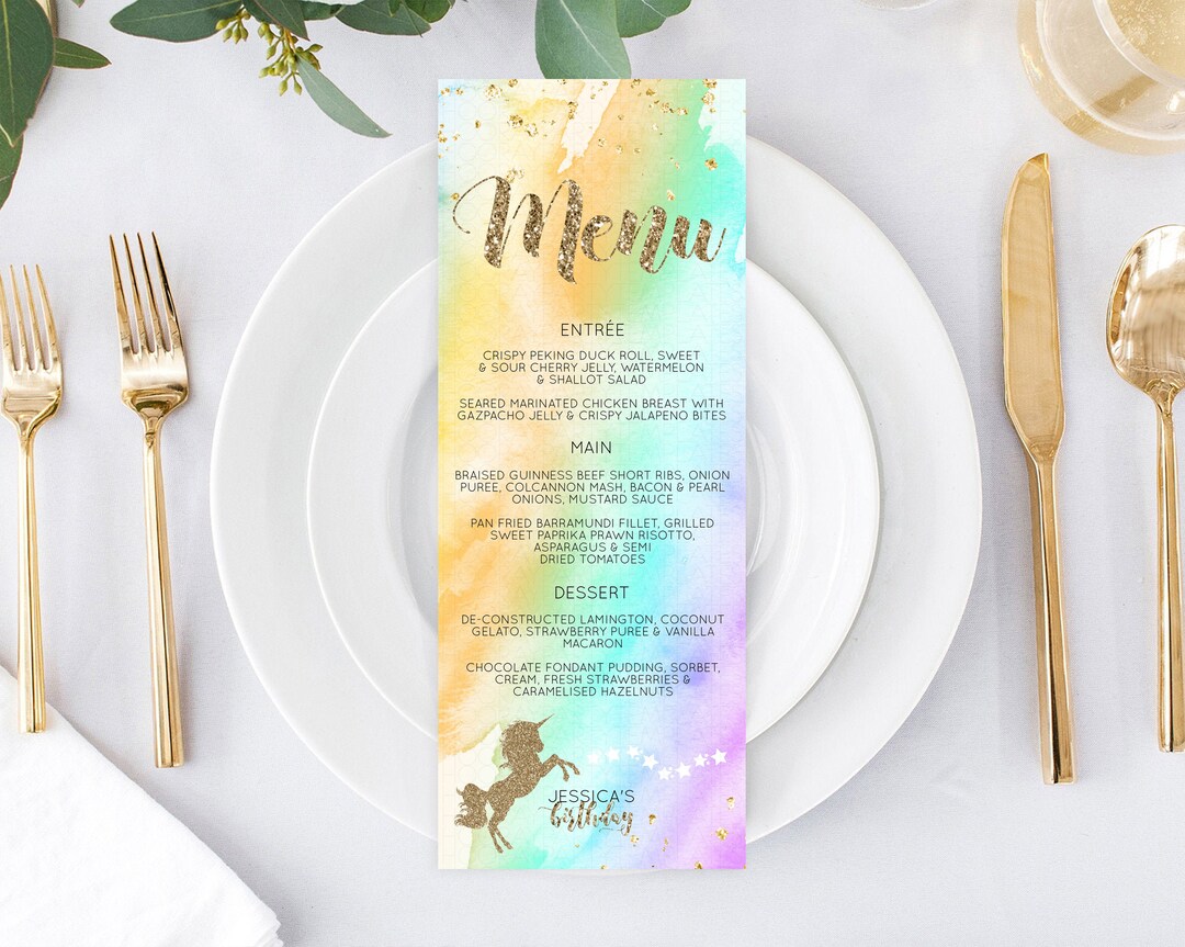 Unicorn Menu Magical Unicorn Party Menu Pastel Rainbow Party Etsy