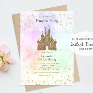Princess Birthday Invitation Enchanted Castle Invitation Rainbow Watercolor Princess Party Gold Glitter Fairytale Royal Celebration Colorful