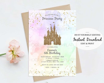 Prinzessinnen-Einladung zum Geburtstag, Einladung Schloss verzaubert, Regenbogen, Aquarell, Prinzessin, Party, Gold, Glitzer, Märchen, königlich, Feier, Bunt