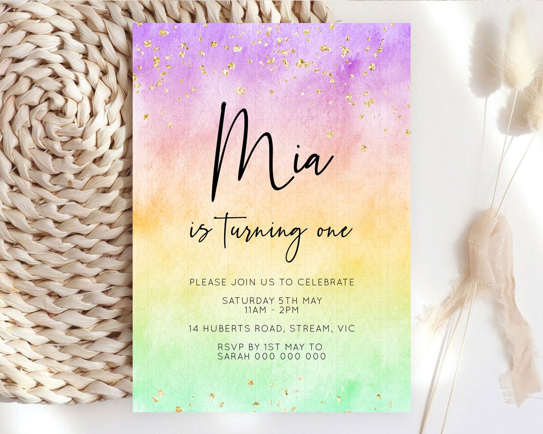 Pastel Birthday Invitation Pastel Watercolor Invite Colorful Rainbow