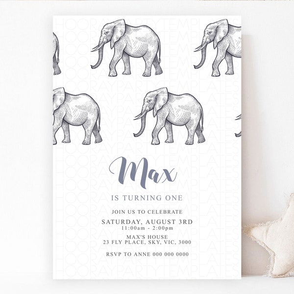 Elephant Birthday Invitation Elephant Invitation Elephant Birthday Party Safari Animal Party Wild ONE Minimalist Adventure Zoo Party D10248