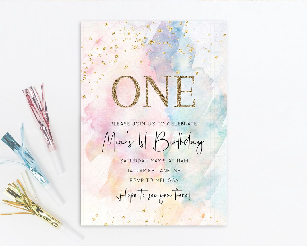 Pastel Birthday Invitation Pastel Watercolor Invite Colorful Rainbow
