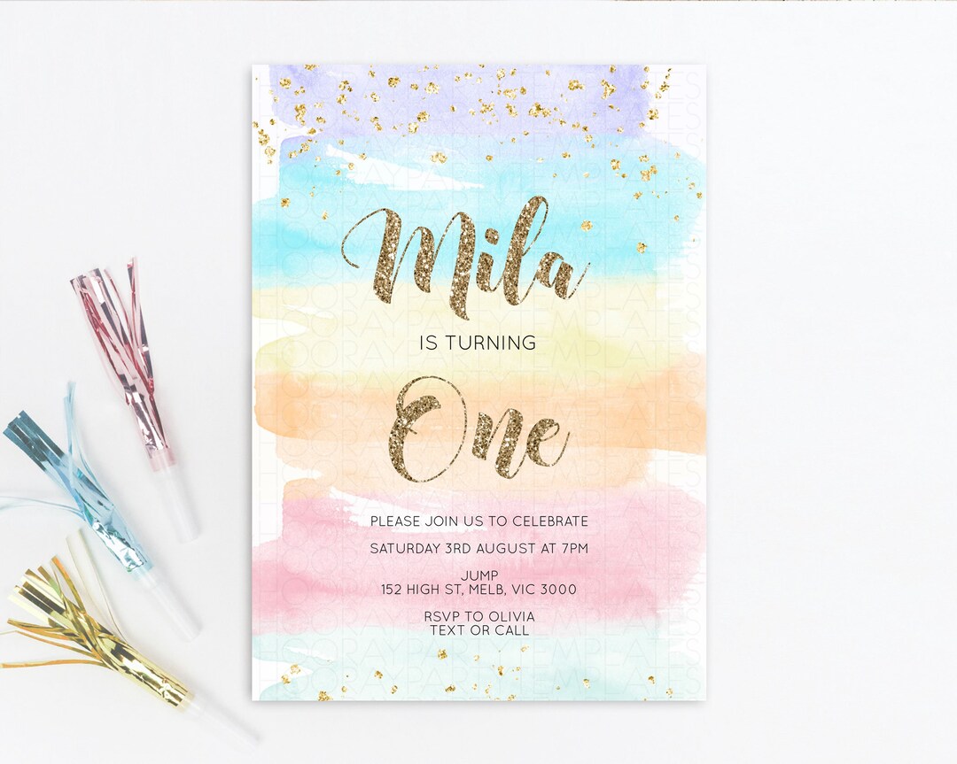 Pastel Birthday Invitation Pastel Watercolor Invite Colorful Rainbow