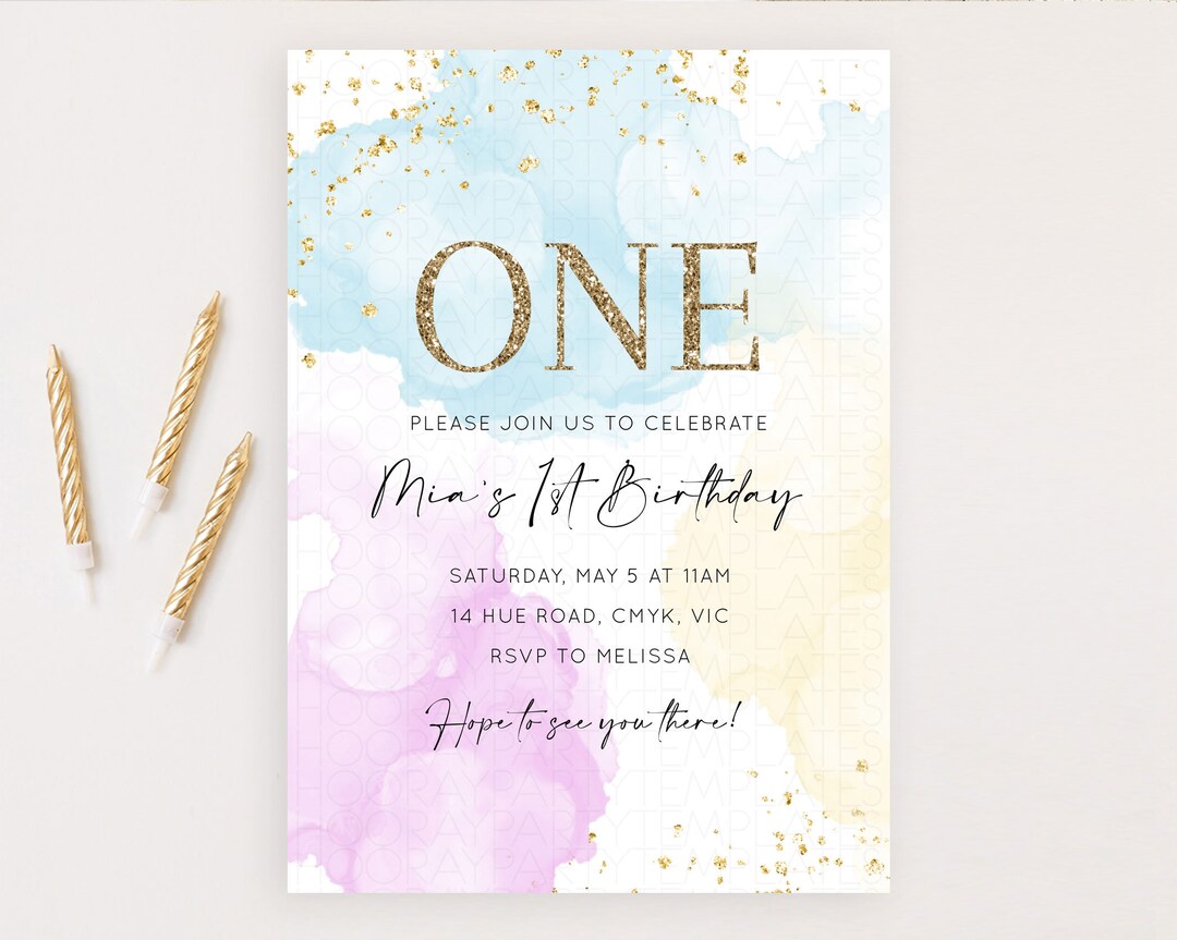 Pastel Birthday Invitation Pastel Watercolor Invite Colorful Rainbow