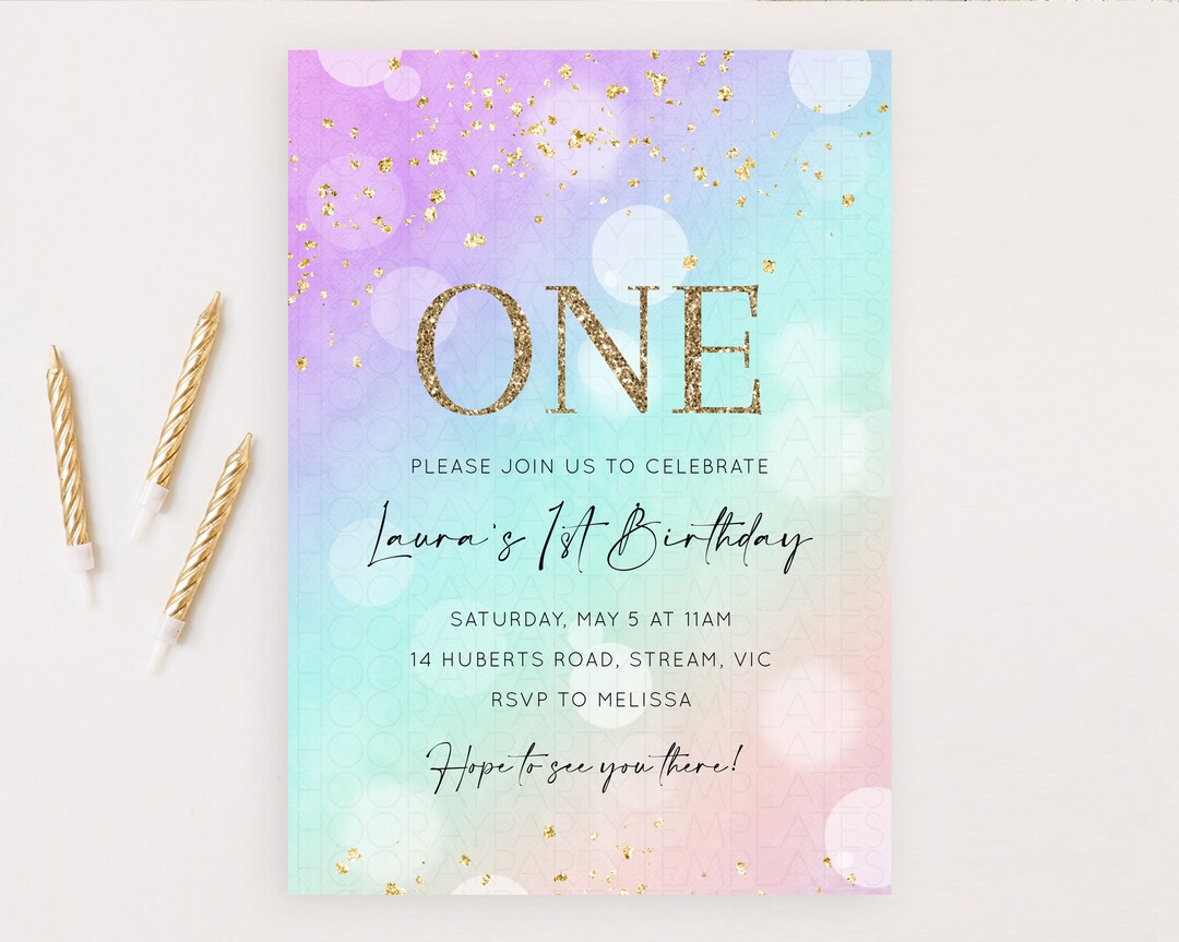 Pastel Birthday Invitation Pastel Watercolor Invite Colorful Rainbow