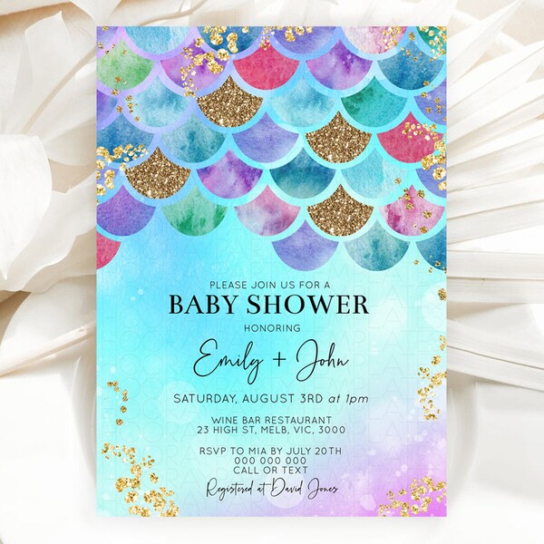 Rainbow Fish Baby Shower Invitation Mermaid Invitation Pastel Rainbow Fish Scale Mermaid Tail Under the Sea Iridescent Glitter Sprinkle 0000