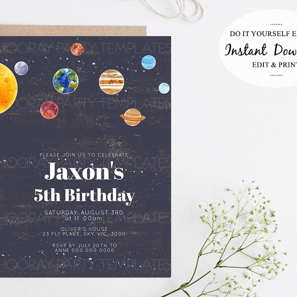 Space Birthday Invitation Editable Card Template Night Sky Stars Planets Rocket Ship Watercolor Moon Blast Off Galaxy Milkyway Solar System