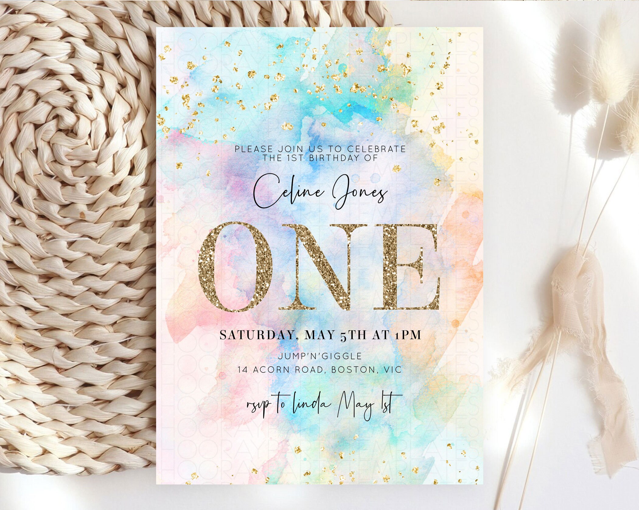 Pastel Birthday Invitation Pastel Watercolor Invite Colorful Rainbow