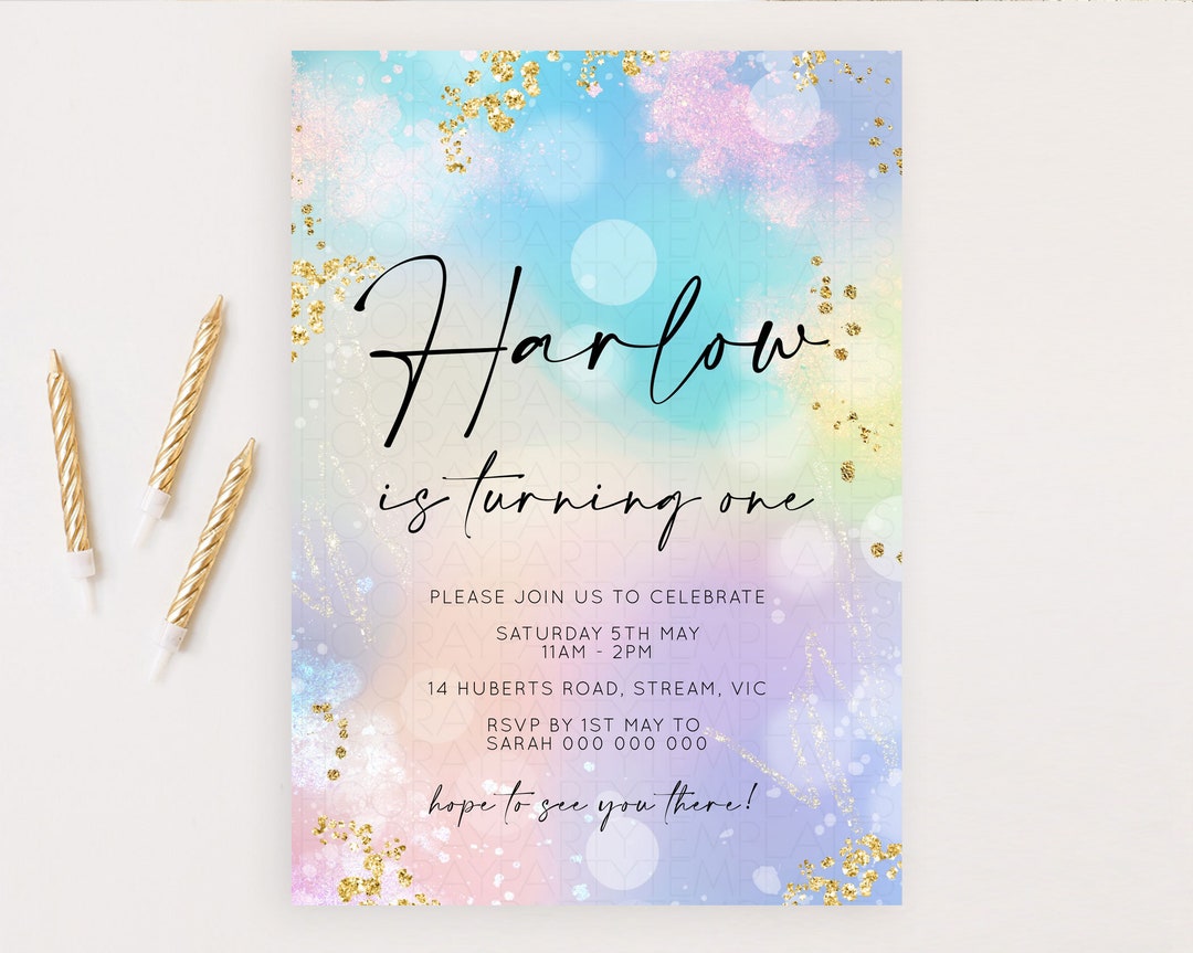 Pastel Birthday Invitation Pastel Watercolor Invite Colorful Rainbow