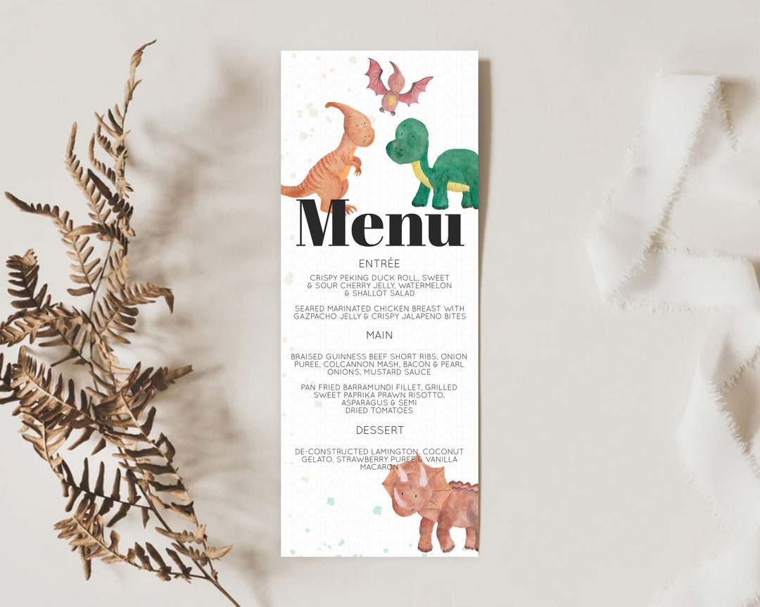 Dinosaur Menu Dinosaur Party Menu Watercolor Dinosaur Party Etsy