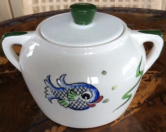 Antique Adams Lidded Sauce Dish: Hand-Painted Fish Condiment Pot