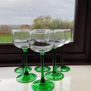 Vintage Luminarc Hock Glasses: Set of 6 Green Stem Wine Glasses
