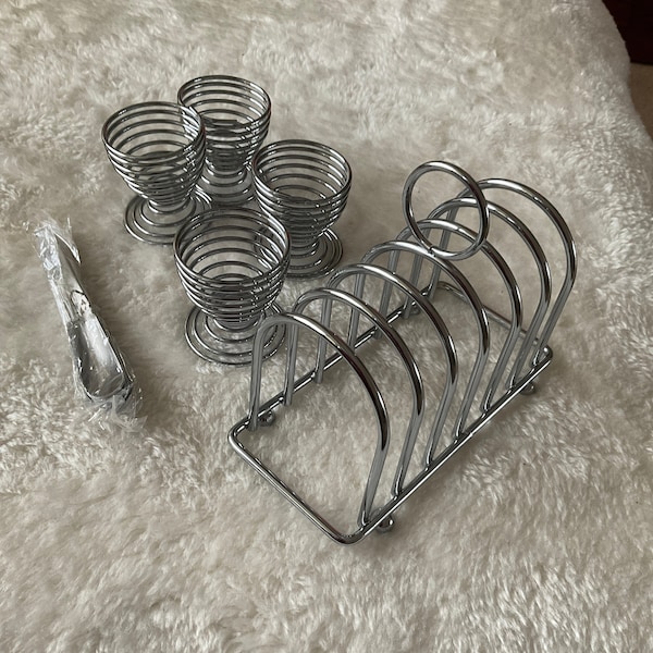 Rare 70s Breakfast Set, Stainless Steel Toast Rack, 4 Spiral Egg Cups and Spoons