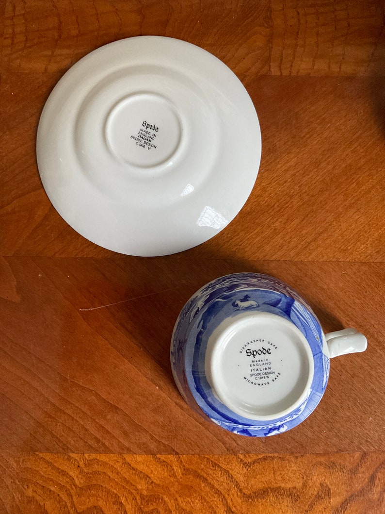 May include: A blue and white Spode teacup and saucer with a floral design. The saucer is plain white with the Spode logo on the bottom. The teacup has a blue and white floral design and the Spode logo on the bottom. The teacup and saucer are dishwasher and microwave safe.