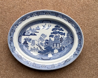 Vintage Wedgwood Willow Pattern Oval Platter: Blue Transferware Plate, 1954