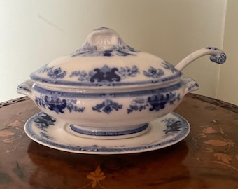 Antique Minton Flow Blue China Sauce Tureen with Lid, Stand & Ladle