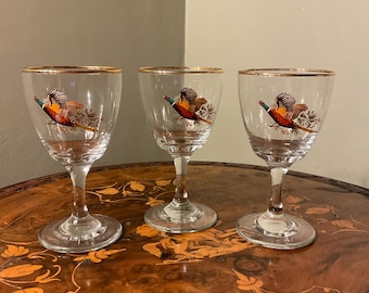Vintage Flying Pheasant Wine Glasses - Set of 3 - Gilt Edged