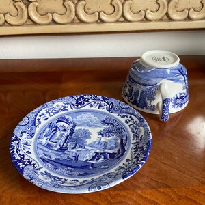 May include: Blue and white porcelain teacup and saucer set with a floral pattern. The saucer features a landscape scene with a building and trees. The teacup has a matching design and a white handle.