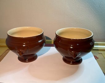 Set of Two Rustic Brown French Onion Soup Bowls, Animal Face Handles