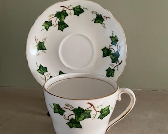 Vintage Colclough Ivy Leaf Teacup and Saucer: Gold Trimmed Footed Cup