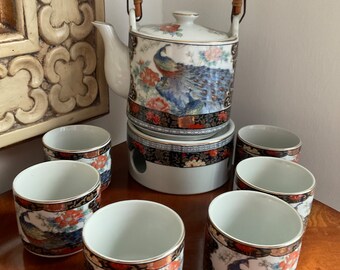 Vintage Royal Peacock Teapot Set: Japanese China with Warming Stand