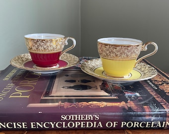 2 Aynsley Demitasse Cups and Saucers Espresso Duos Gold Foliage, Burgundy and Yellow