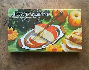 Vintage 60s Cheese Tray with Knife: Stainless Steel Party Server