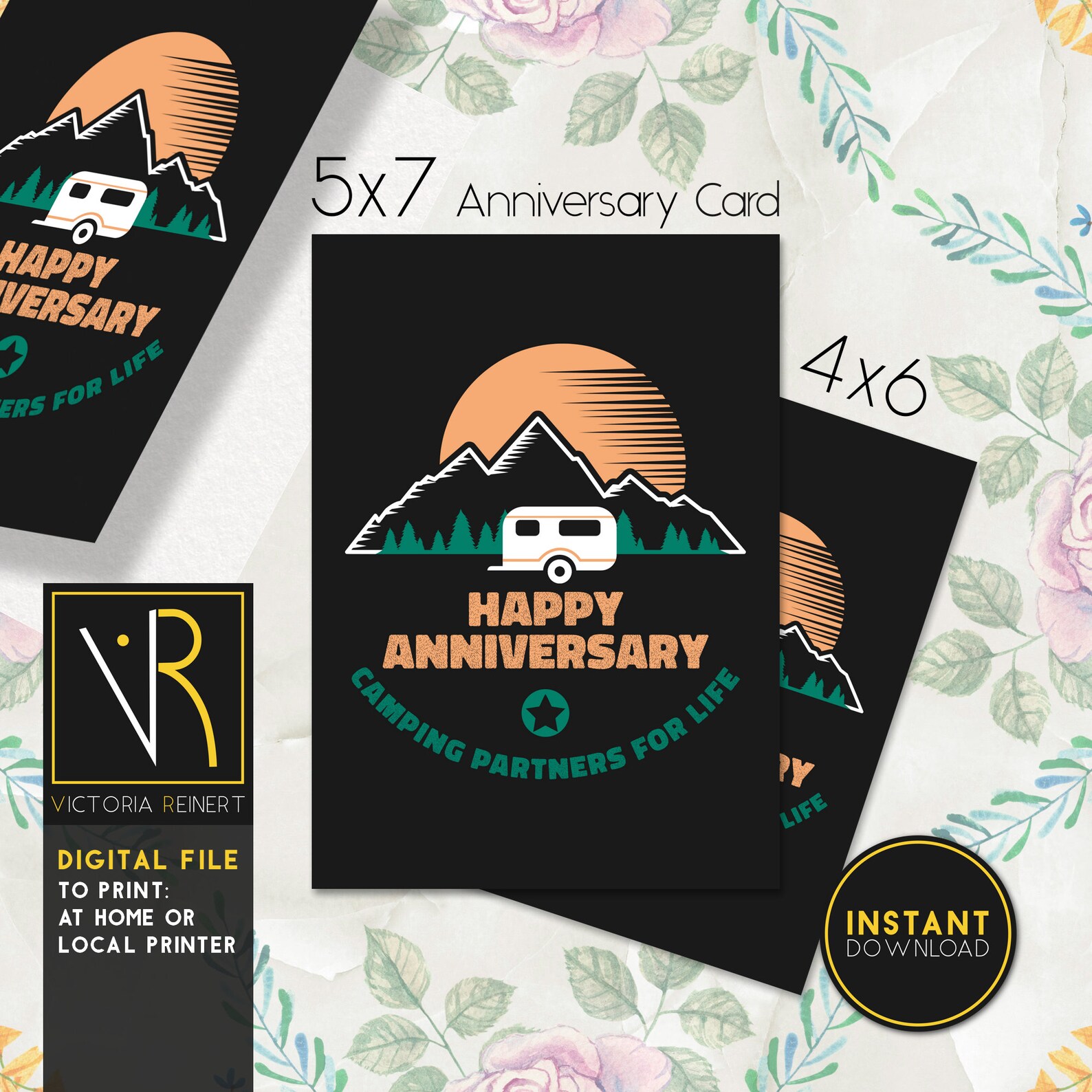 Printable Camping Theme Anniversary Card for Campers, Married Happy