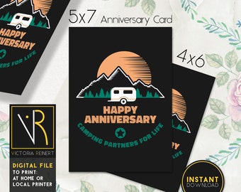 Printable Camping Theme Anniversary Card For Campers, Married Happy Campers Gift for Husband, Instant Download PDF Cut and Fold DIY Template