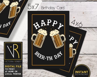 Printable Funny Beer Lover Theme Birthday Card For Him - Happy Birthday Pun Beerthday - Instant Download PDF Cut and Fold DIY Template