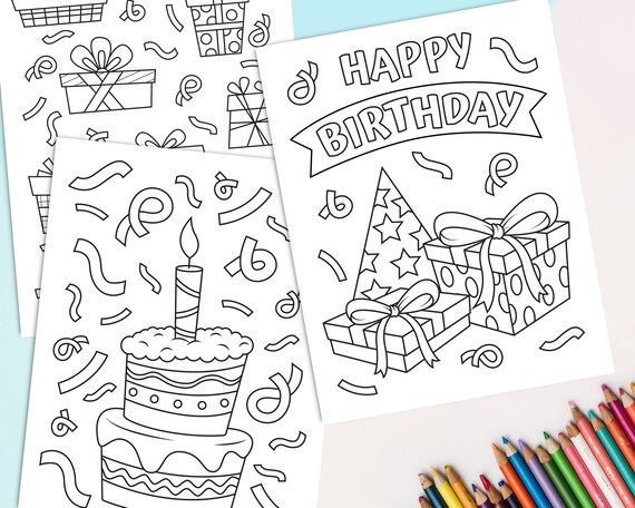 Birthday Coloring Pages for kids Set of 8 Happy Birthday