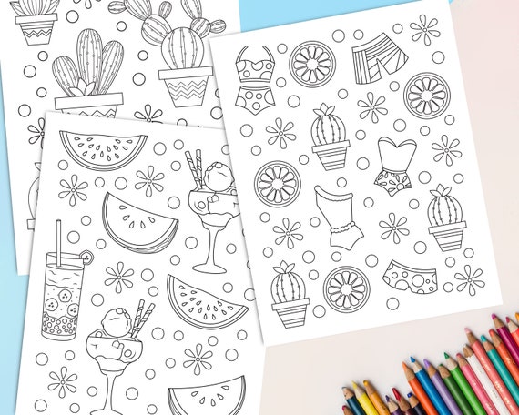 Summer doodle coloring pages set of 8 Printable Summer
