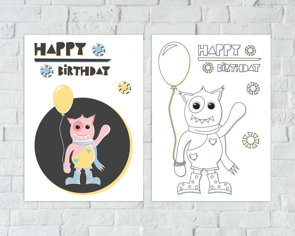 Printable Monsters Coloring Pages and Birthday Cards for Kids | Etsy
