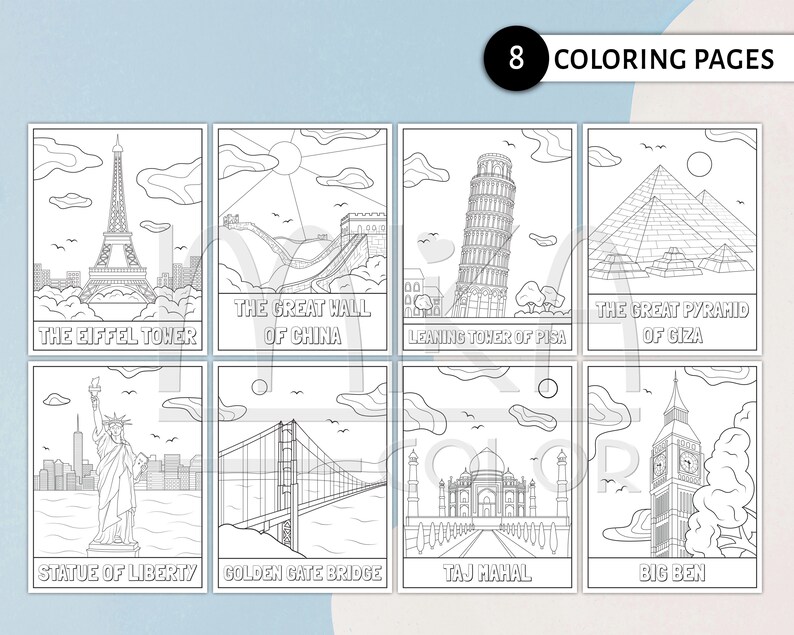 Landmarks Coloring Pages for Kids with Stickers Printable | Etsy