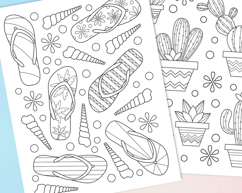 Summer doodle coloring pages set of 8 Printable Summer | Etsy