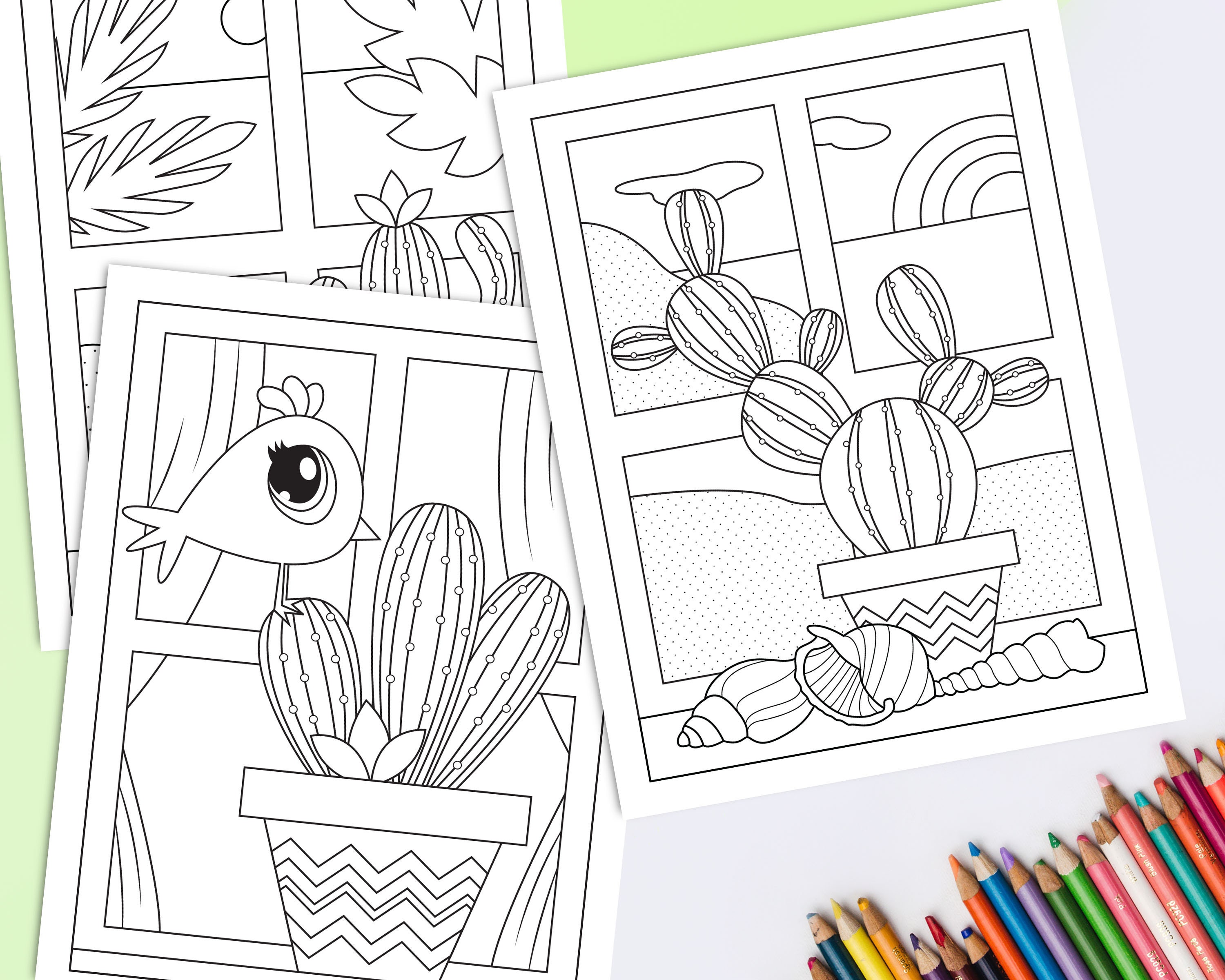 Cactus Coloring Pages For Adults Pack Of 5 Printable Plants Etsy