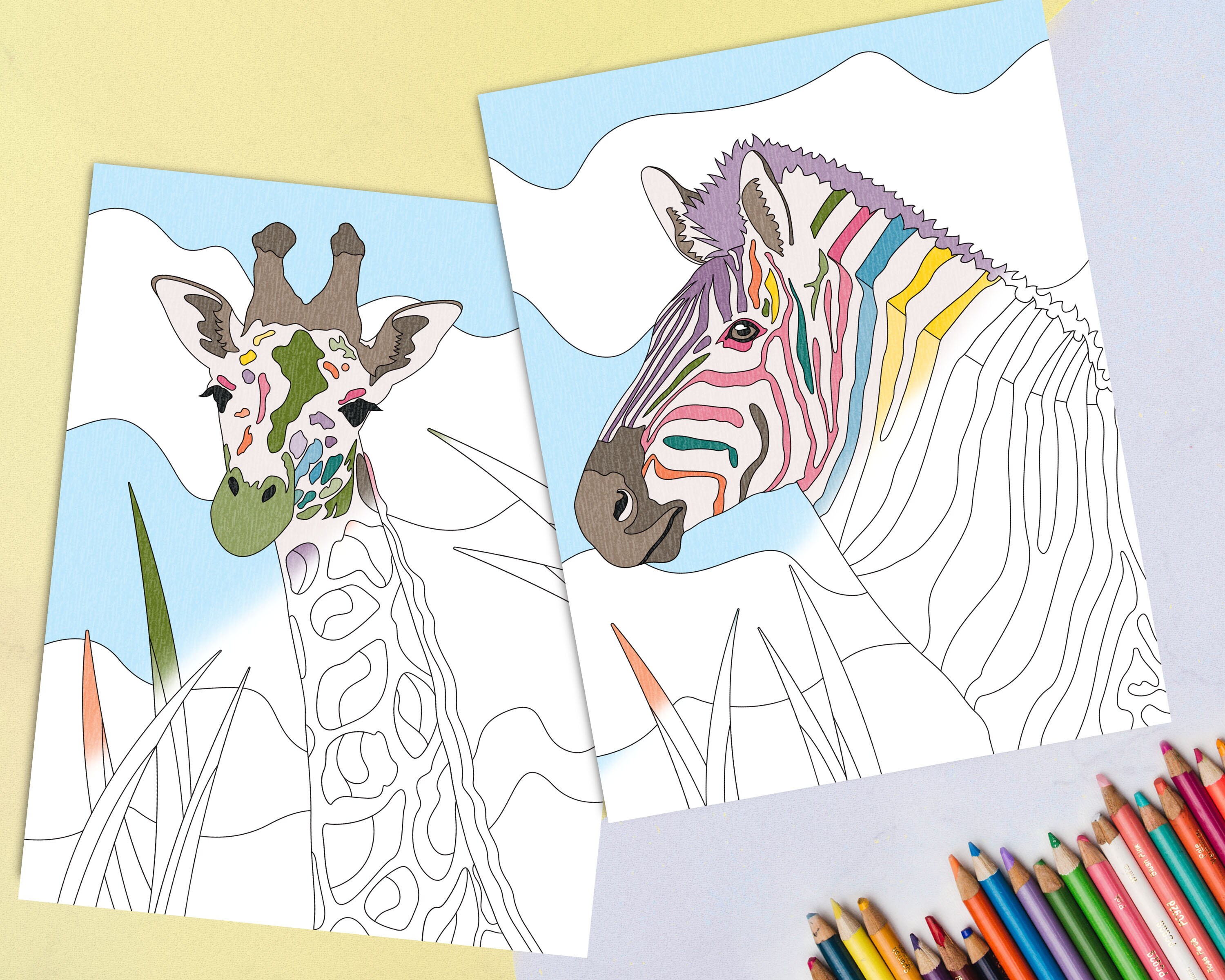 Zebra and Giraffe coloring pages for adults Animal coloring | Etsy