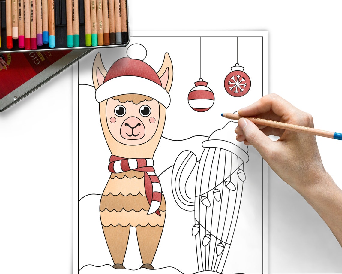 Christmas Llama Coloring Pages for Kids Printable Winter Etsy