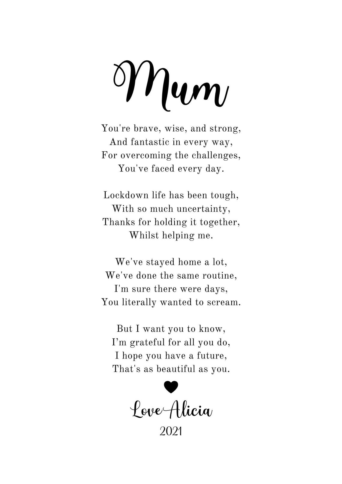 Gift for Mum Poem A4 A5 Mothers Day Gift Lockdown Etsy