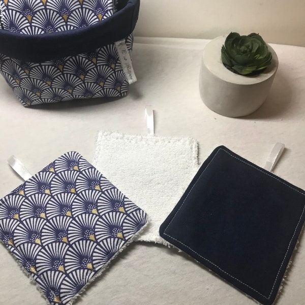 Coton lavable en éponge de bambou certifié Oeko tex et coton motif éventail/ coton bleu nuit