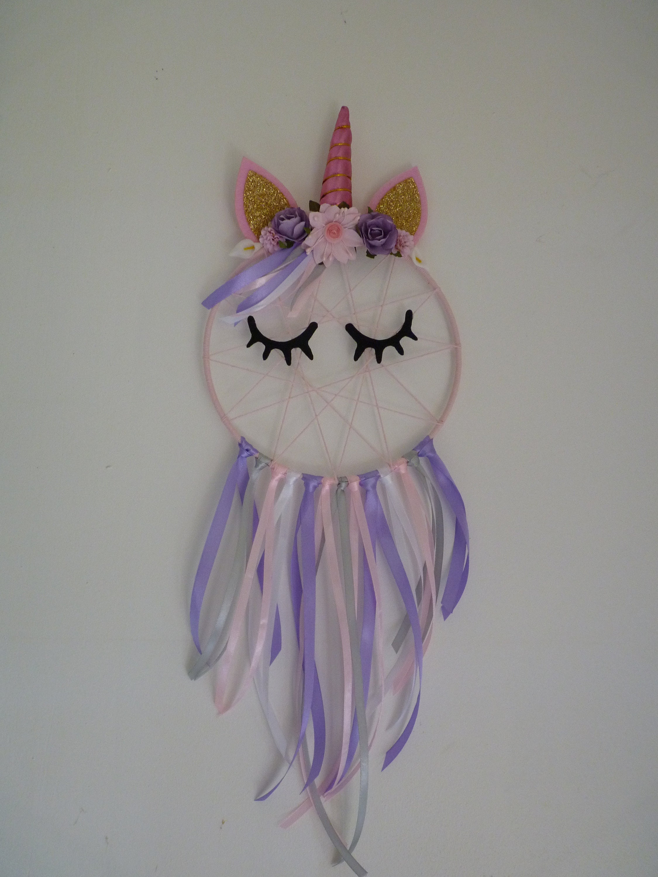 Attrape Rêve Licorne Rose, Gris, Blanc et Mauve Enfant à Personnaliser