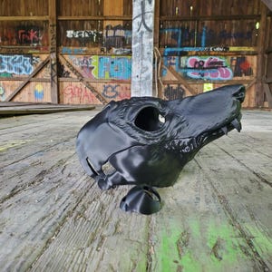 May include: A black, 3D-printed wolf skull mask with detailed features, including eye sockets and teeth. The mask is displayed on a weathered wooden surface, with a detached lower jaw piece nearby. The background shows a graffiti-covered wooden structure.
