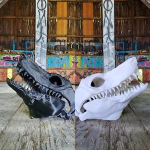 May include: Two dinosaur skull masks, one black and one white, are displayed side-by-side. The masks have detailed teeth and a textured surface. The background is a weathered wooden structure with graffiti art.