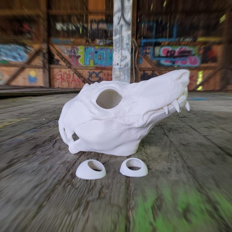 May include: A white, unpainted dragon head mask with visible teeth and eye sockets. Two white eye pieces are placed below the mask. The mask is designed for cosplay or costume use.