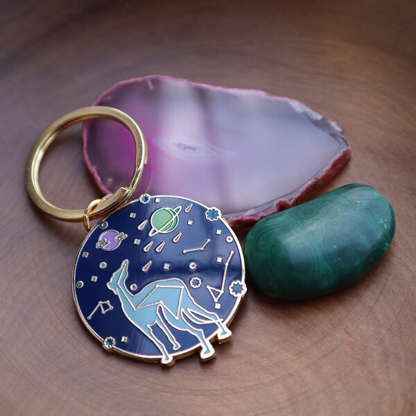 Greyhound Key ring, Whippet Key ring - Color on Gold Enamel - Dog Keyring, Enamel Keyring, Stars & Space