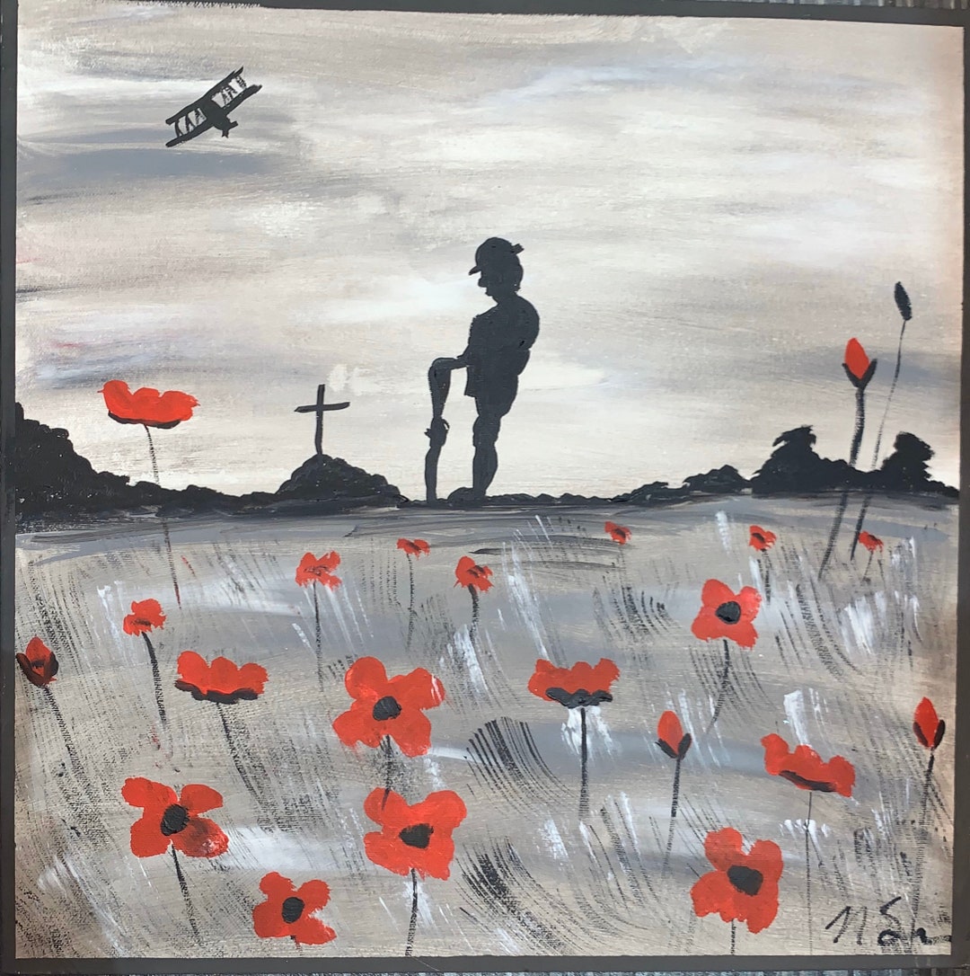 Original Hand Painted “lest We Forget” Canvas. Lone Soldier in